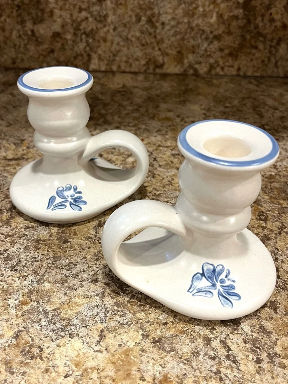 Vintage Pfaltzgraff Yorktowne White and Blue Floral Candle Holders - Set of 2